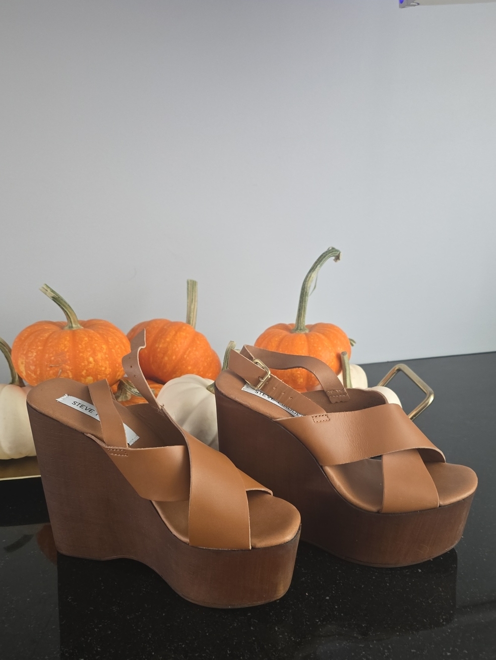 Steve Madden Brown Leather Platform Wedge Sandals